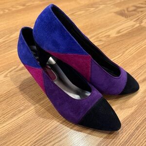 Vintage Fayva Suede Colorblock Purple Blue Black Pumps sz 6‎ M